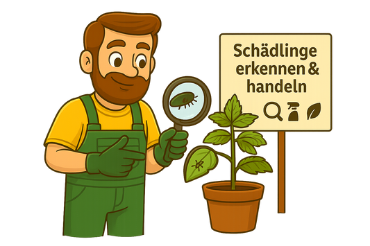 Daniel zeigt mit einer Lupe auf die Blattunterseite einer Pflanze und erklärt, wie man erste Anzeichen von Schädlingen erkennt und behandelt.