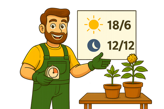Daniel erklärt mit einer Zeitschaltuhr, wann man den Lichtzyklus von 18/6 auf 12/12 umstellen sollte, um die Blüte einzuleiten.