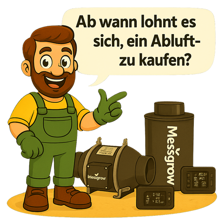 Gärtner Daniel zeigt mit dem Finger auf ein Abluftset und stellt in einer Sprechblase die Frage: „Ab wann lohnt es sich, ein Abluftset zu kaufen?