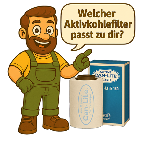 Sprechblase die Frage: „Welcher Aktivkohlefilter passt zu dir?“ Die Illustration unterstützt Indoor-Gärtner bei der Auswahl des passenden Filters für ihr Grow-Setup.