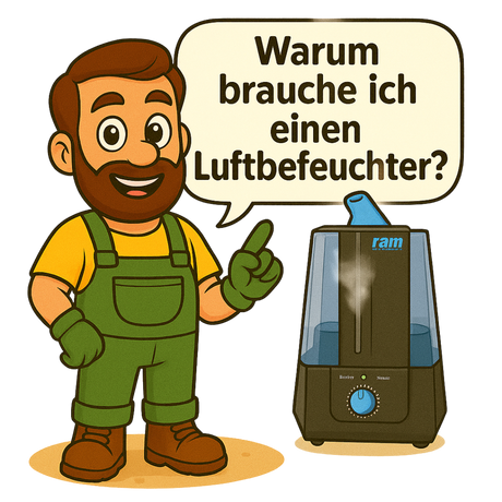 In einer weißen Sprechblase über ihm steht die Frage: „Für was brauche ich einen Luftbefeuchter?“