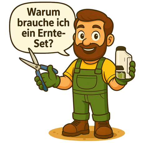 Gärtner Daniel steht auf sandfarbenem Boden und hält in der einen Hand eine Ernteschere, in der anderen ein kleines weißes Mini-Mikroskop. In einer weißen Sprechblase über ihm steht: „Warum brauche ich ein Ernte-Set?