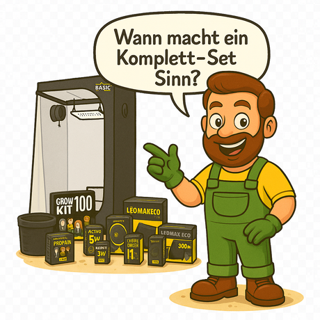 Gärtner Daniel steht vor einem vollständigen Growbox-Komplettset und zeigt mit einem Lächeln auf die Ausstattung. In einer Sprechblase über ihm steht die Frage: „Wann macht ein Komplett-Set Sinn?“