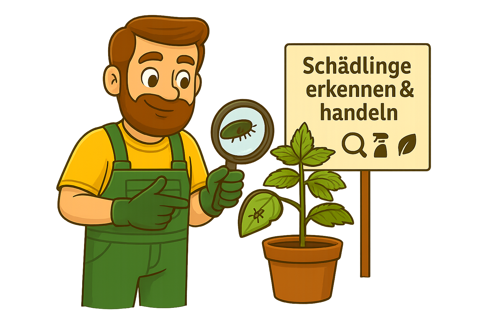 Daniel zeigt mit einer Lupe auf die Blattunterseite einer Pflanze und erklärt, wie man erste Anzeichen von Schädlingen erkennt und behandelt.