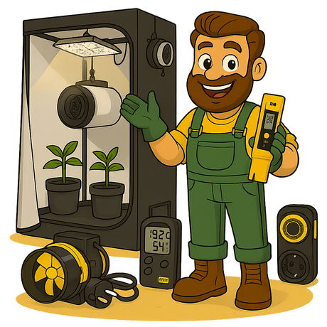 Gärtner Daniel zeigt die Bestandteile eines Growbox-Komplettsets: Box, Lampe, Lüfter, Zubehör – bereit zum Start.