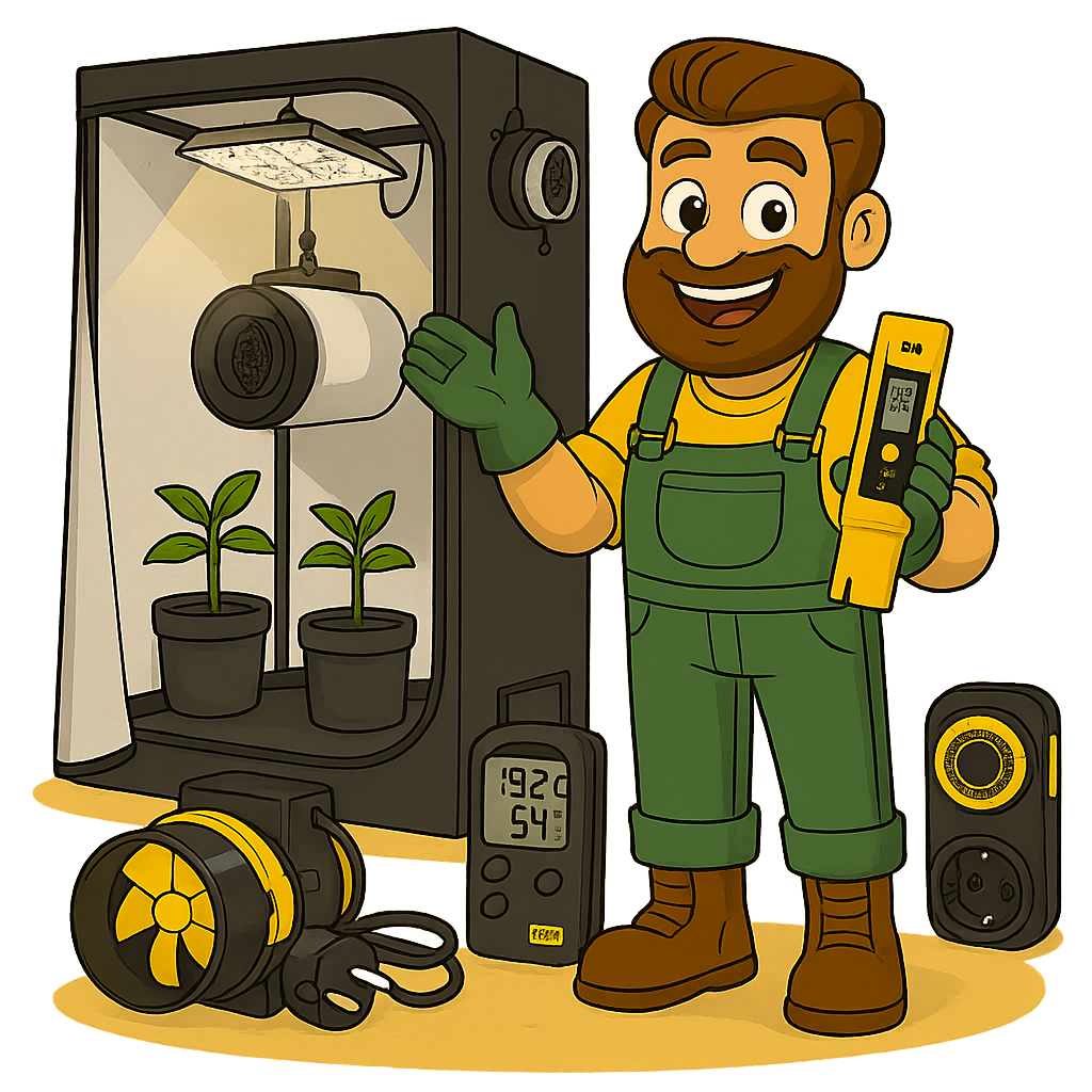 Gärtner Daniel zeigt die Bestandteile eines Growbox-Komplettsets: Box, Lampe, Lüfter, Zubehör – bereit zum Start.