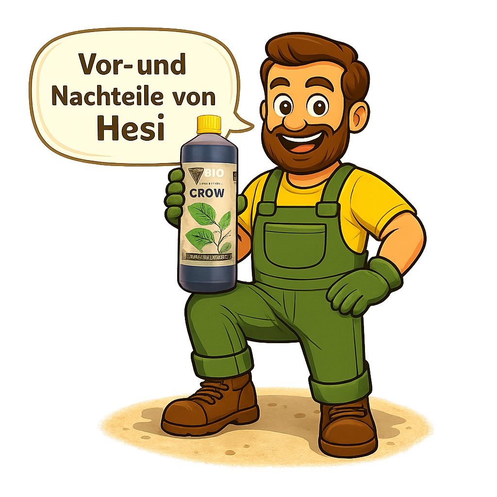 Gärtner mit Hesi Flasche erklärt die Vor- und Nachteile von Hesi Dünger