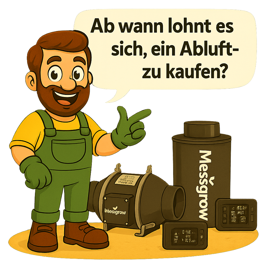 Gärtner Daniel zeigt mit dem Finger auf ein Abluftset und stellt in einer Sprechblase die Frage: „Ab wann lohnt es sich, ein Abluftset zu kaufen?