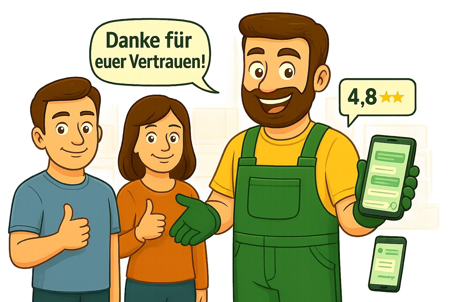 Gärtner Daniel mit Kunden und 4,8 Sterne Bewertung – Messgrow Kundenzufriedenheit