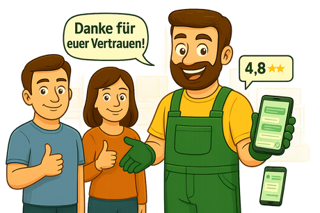 Gärtner Daniel mit Kunden und 4,8 Sterne Bewertung – Messgrow Kundenzufriedenheit