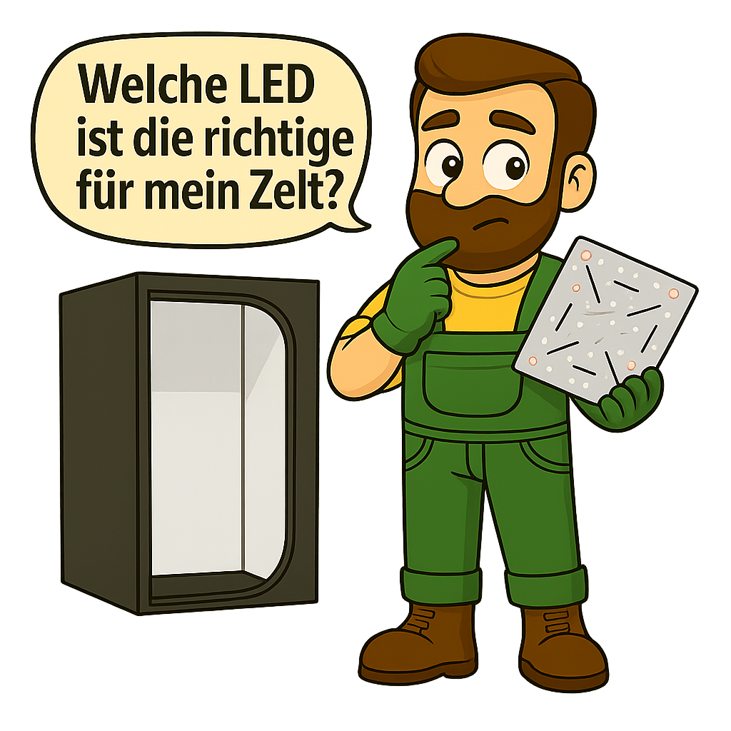 Gärtner Daniel steht vor einer geöffneten Growbox und zeigt auf eine LED-Lampe, während eine Sprechblase fragt: ‚Welche Lampe passt zu meinem Zelt?