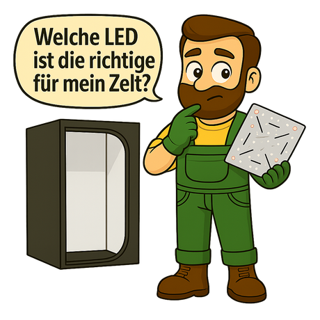 Gärtner Daniel steht vor einer geöffneten Growbox und zeigt auf eine LED-Lampe, während eine Sprechblase fragt: ‚Welche Lampe passt zu meinem Zelt?