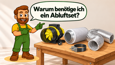 Illustration eines Abluftsets mit Rohrventilator, Aktivkohlefilter, flexiblem Schlauch und Schlauchschelle auf einem Tisch.