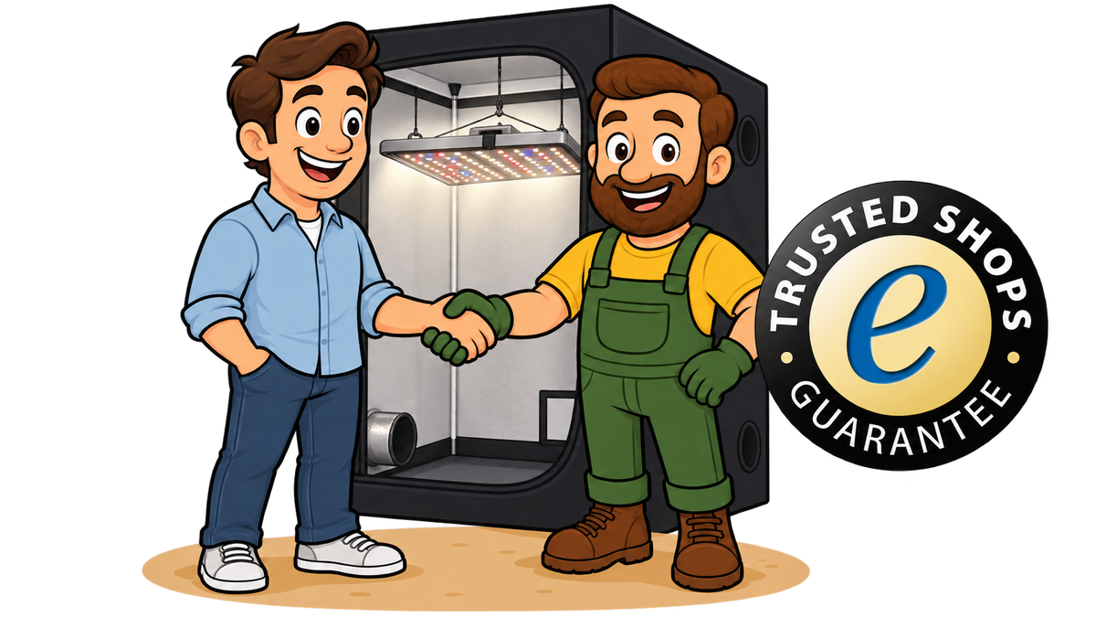 Gärtner Daniel gibt einem Kunden vor einer beleuchteten Growbox die Hand, daneben steht das Trusted-Shops-Gütesiegel für sicheres Einkaufen.