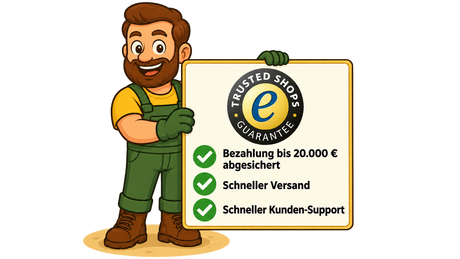 Gärtner Daniel präsentiert ein Trusted-Shops-Gütesiegel mit abgesicherter Bezahlung bis 20.000 Euro, schnellem Versand und schnellem Kunden-Support.
