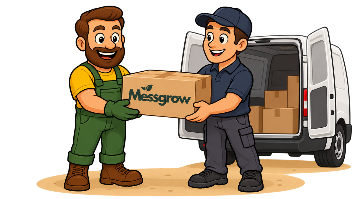 Gärtner Daniel übergibt einem Paketboten vor einem geöffneten Lieferwagen ein Paket mit Messgrow-Logo.