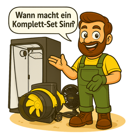 Gärtner Daniel steht vor einem Growbox-Komplettset und zeigt auf eine große Sprechblase mit der Frage: „Wann macht ein Komplett-Set Sinn?“ Die Illustration soll Kunden bei der Entscheidung für Komplettlösungen im Indoor-Grow-Bereich unterstützen.