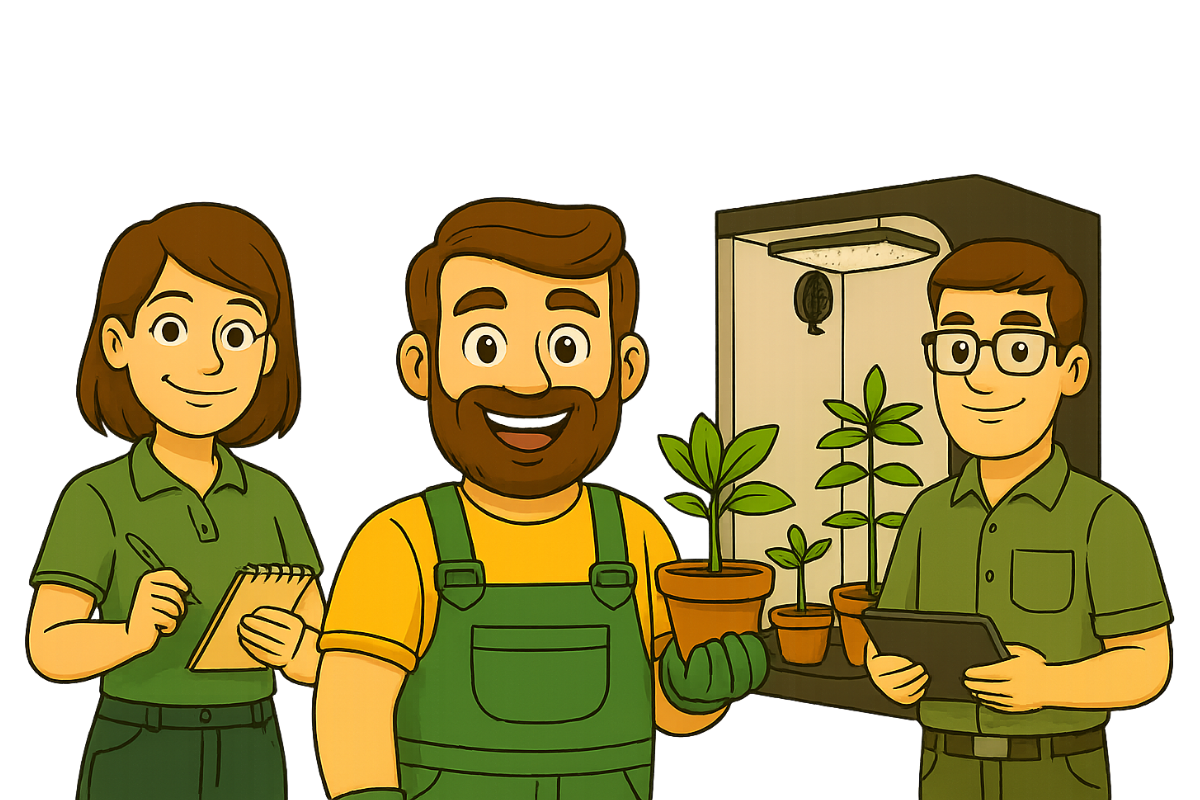 Gärtner Daniel mit Team vor geöffneter Growbox – persönlicher Service, ehrliche Beratung und nachhaltiger Indoor-Grow bei Messgrow