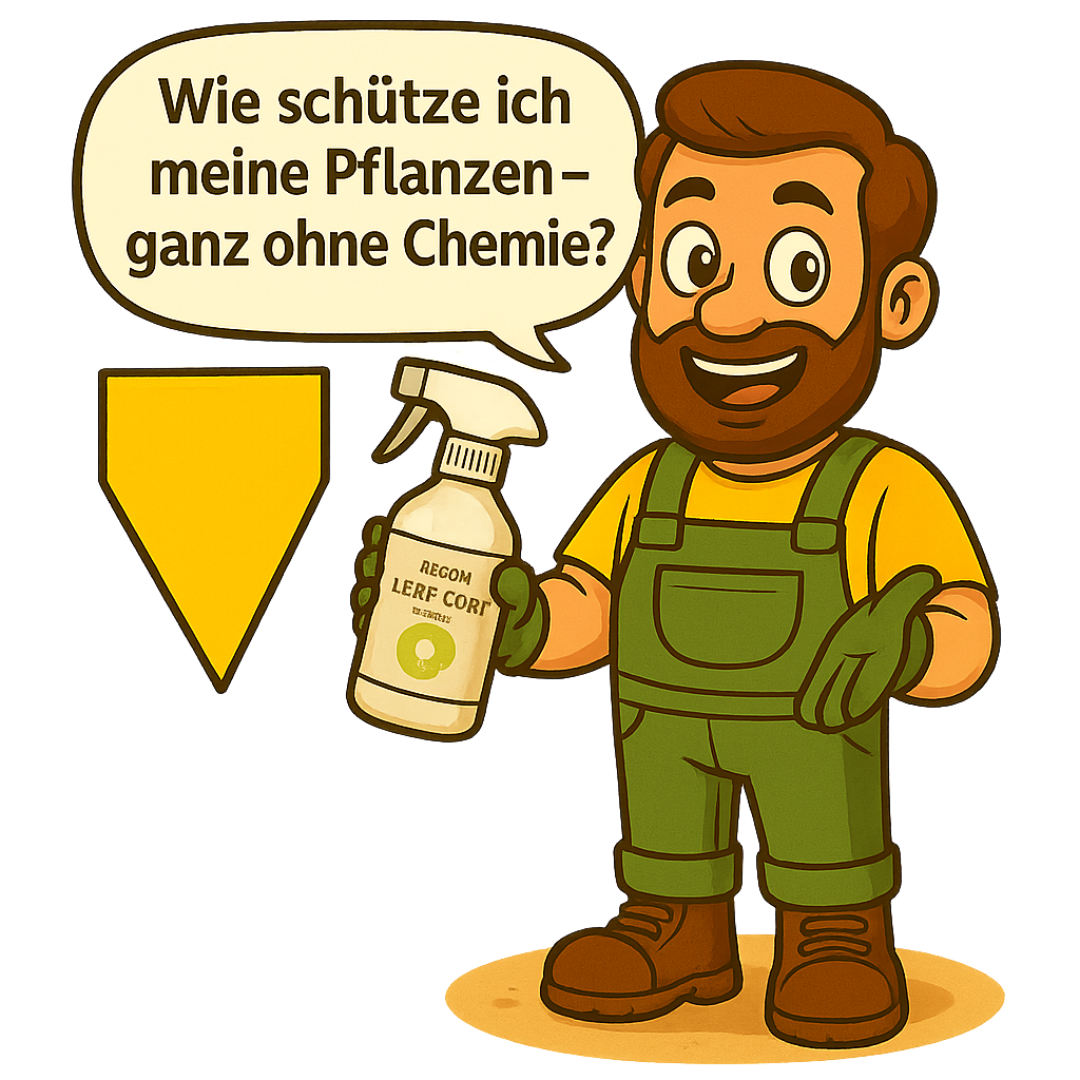 Gärtner Daniel steht auf einem sandfarbenen Boden und hält eine Leaf·Coat-Sprühflasche in der einen und einen Gelb-Sticker in der anderen Hand. In einer Sprechblase über ihm steht: „Wie schütze ich meine Pflanzen – ganz ohne Chemie?