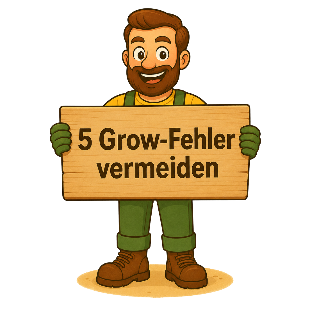 Gärtner Daniel hält lächelnd ein Holzschild mit der Aufschrift „5 Grow-Fehler vermeiden“.