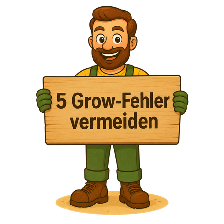 Gärtner Daniel hält lächelnd ein Holzschild mit der Aufschrift „5 Grow-Fehler vermeiden“.