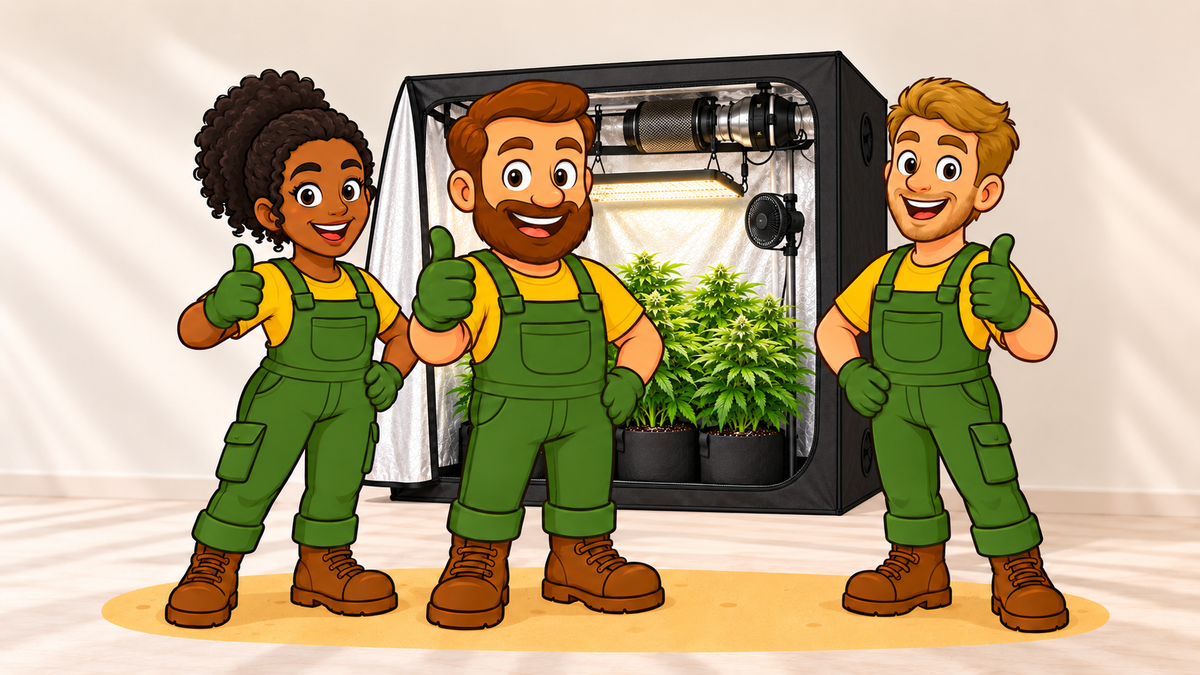 Illustration des Grow Teams vor einer Growbox mit LED-Beleuchtung und Lüftung