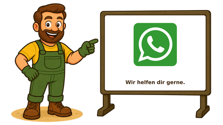 Gärtner Daniel zeigt auf eine Tafel mit WhatsApp-Logo und dem Hinweis „Wir helfen dir gerne.“