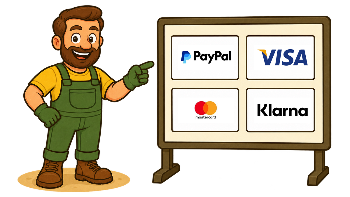 Gärtner Daniel zeigt auf eine Tafel mit den Zahlungsmethoden PayPal, Visa, Mastercard und Klarna.