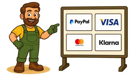 Gärtner Daniel zeigt auf eine Tafel mit den Zahlungsmethoden PayPal, Visa, Mastercard und Klarna.