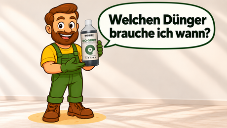 Illustration eines Gärtners mit einer Flasche BioBizz Bio-Grow-Dünger zum Ratgeber über den richtigen Zeitpunkt fürs Düngen.