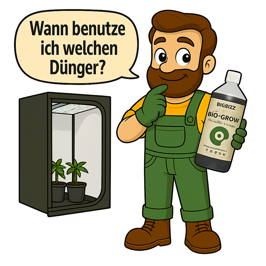 Gärtner Daniel steht vor einer Pflanze mit drei Flaschen Bio-Dünger in der Hand und erklärt den Einsatz von Bio·Grow, Bio·Bloom und Top·Max.