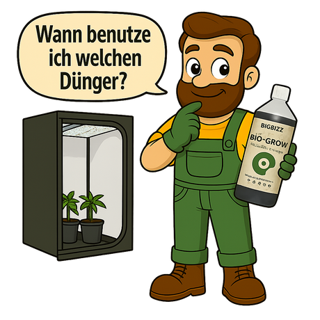 Gärtner Daniel steht vor einer Pflanze mit drei Flaschen Bio-Dünger in der Hand und erklärt den Einsatz von Bio·Grow, Bio·Bloom und Top·Max.