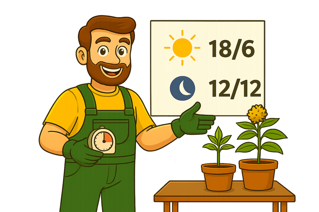 Daniel erklärt mit einer Zeitschaltuhr, wann man den Lichtzyklus von 18/6 auf 12/12 umstellen sollte, um die Blüte einzuleiten.