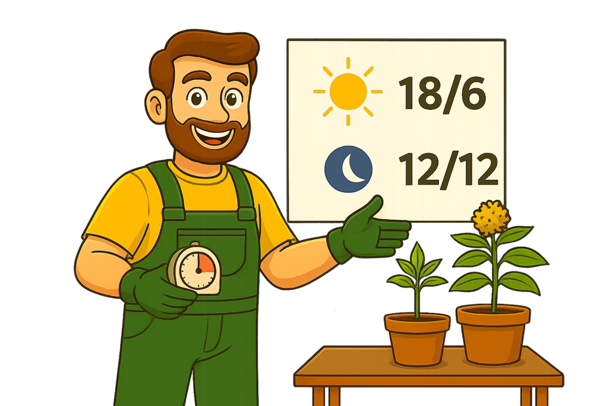 Daniel erklärt mit einer Zeitschaltuhr, wann man den Lichtzyklus von 18/6 auf 12/12 umstellen sollte, um die Blüte einzuleiten.