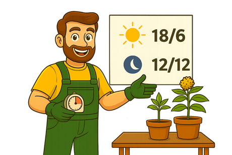 Daniel erklärt mit einer Zeitschaltuhr, wann man den Lichtzyklus von 18/6 auf 12/12 umstellen sollte, um die Blüte einzuleiten.