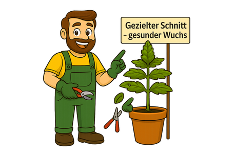 Gärtner Daniel demonstriert eine Schnitttechnik zur Pflanzenpflege, bei der die unteren Triebe entfernt werden, um das Wachstum im oberen Bereich zu fördern.