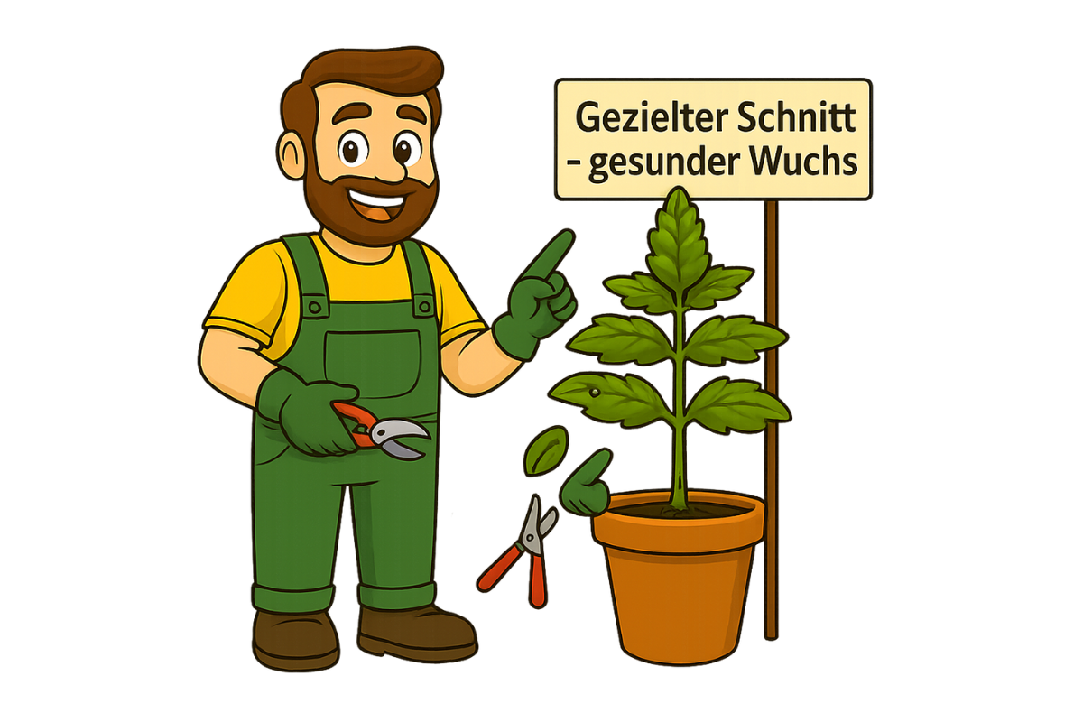 Gärtner Daniel demonstriert eine Schnitttechnik zur Pflanzenpflege, bei der die unteren Triebe entfernt werden, um das Wachstum im oberen Bereich zu fördern.