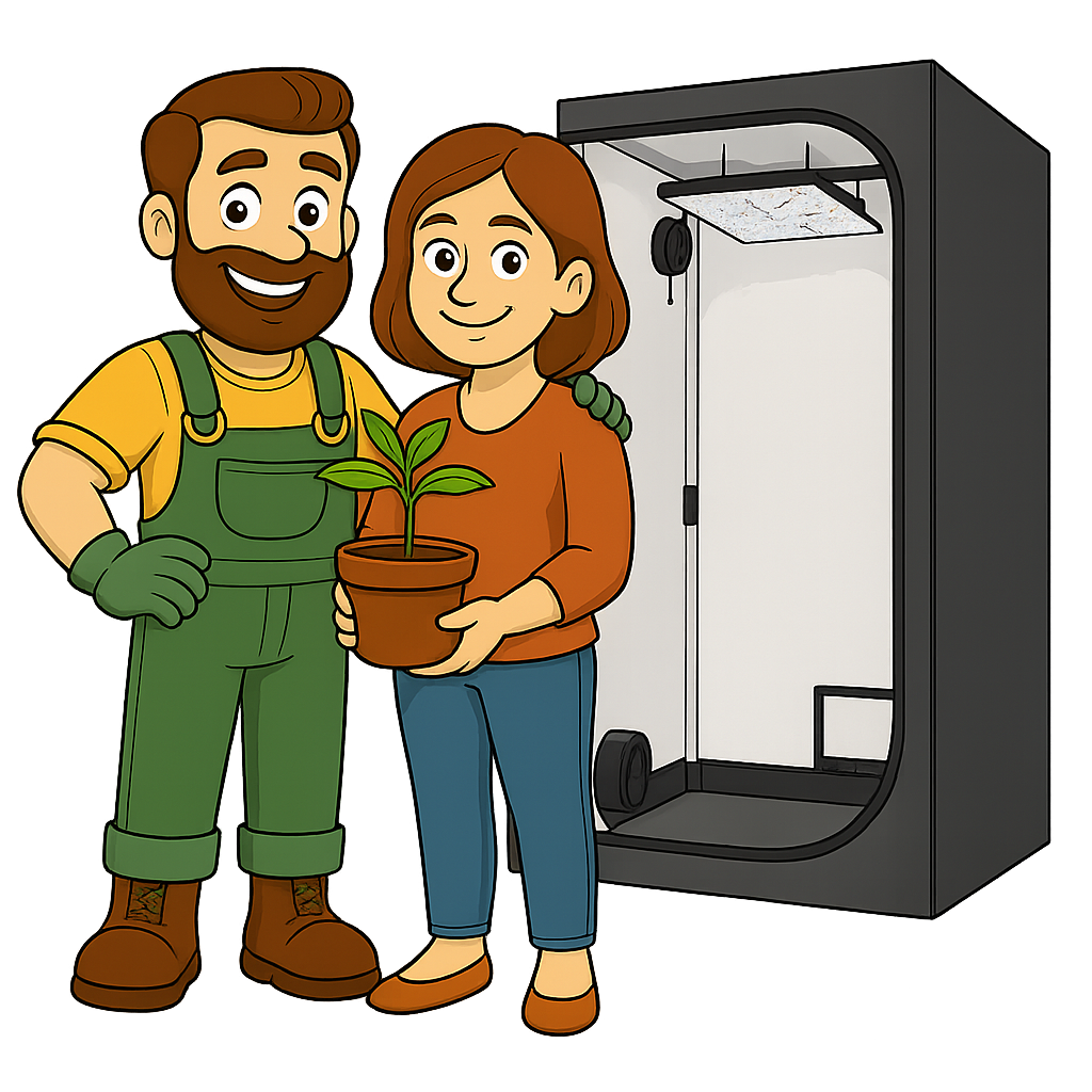 Gärtner Daniel mit einer zufriedenen Kundin vor einer erfolgreichen Indoor-Growbox.