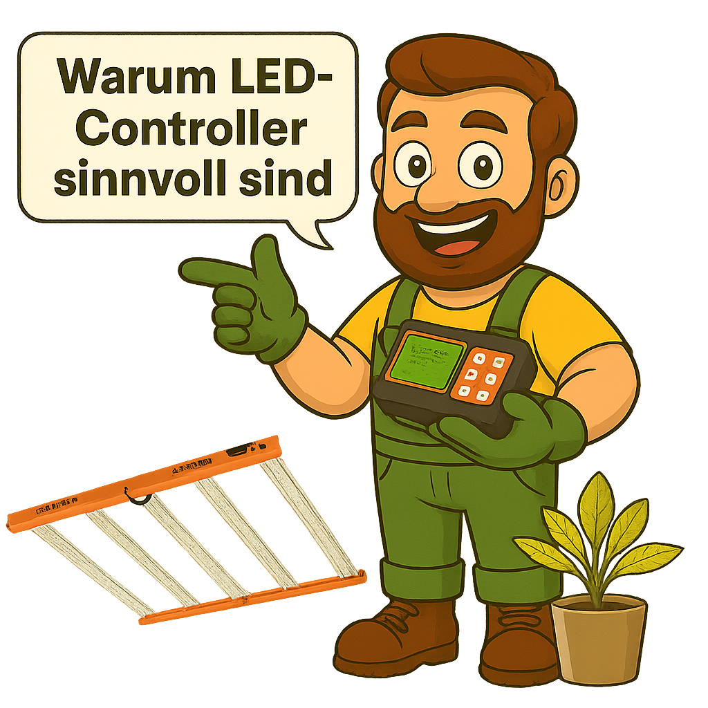 Gärtner mit LED-Controller in der Hand erklärt, warum LED-Controller sinnvoll sind – mit LED-Growlampe und Pflanze im Hintergrund, ideal für Indoor-Grower.
