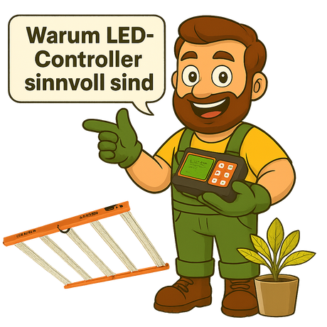 Gärtner mit LED-Controller in der Hand erklärt, warum LED-Controller sinnvoll sind – mit LED-Growlampe und Pflanze im Hintergrund, ideal für Indoor-Grower.