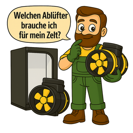 Gärtner Daniel steht vor einer geöffneten Growbox und zeigt auf einen Abluftventilator, während eine Sprechblase fragt: ‚Welche Abluftleistung braucht meine Growbox?