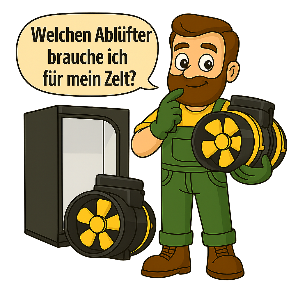 Gärtner Daniel steht vor einer geöffneten Growbox und zeigt auf einen Abluftventilator, während eine Sprechblase fragt: ‚Welche Abluftleistung braucht meine Growbox?