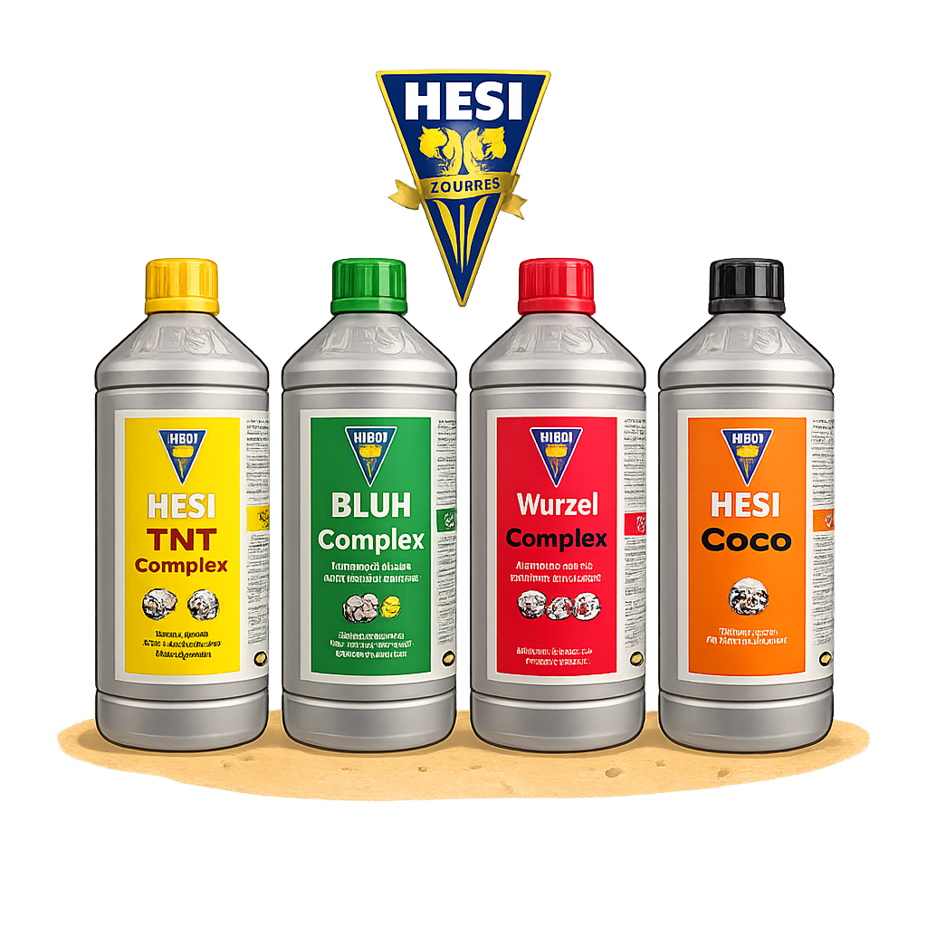 Vier Hesi Düngerflaschen (TNT Complex, Blüh Complex, Wurzel Complex, Hesi Coco) mit Hesi-Logo – abgestimmt auf jede Wachstumsphase