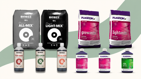 BioBizz und Plagron Erde und Dünger für Indoor-Growing mit All-Mix, Light-Mix, Growmix und Pflanzennährstoffen