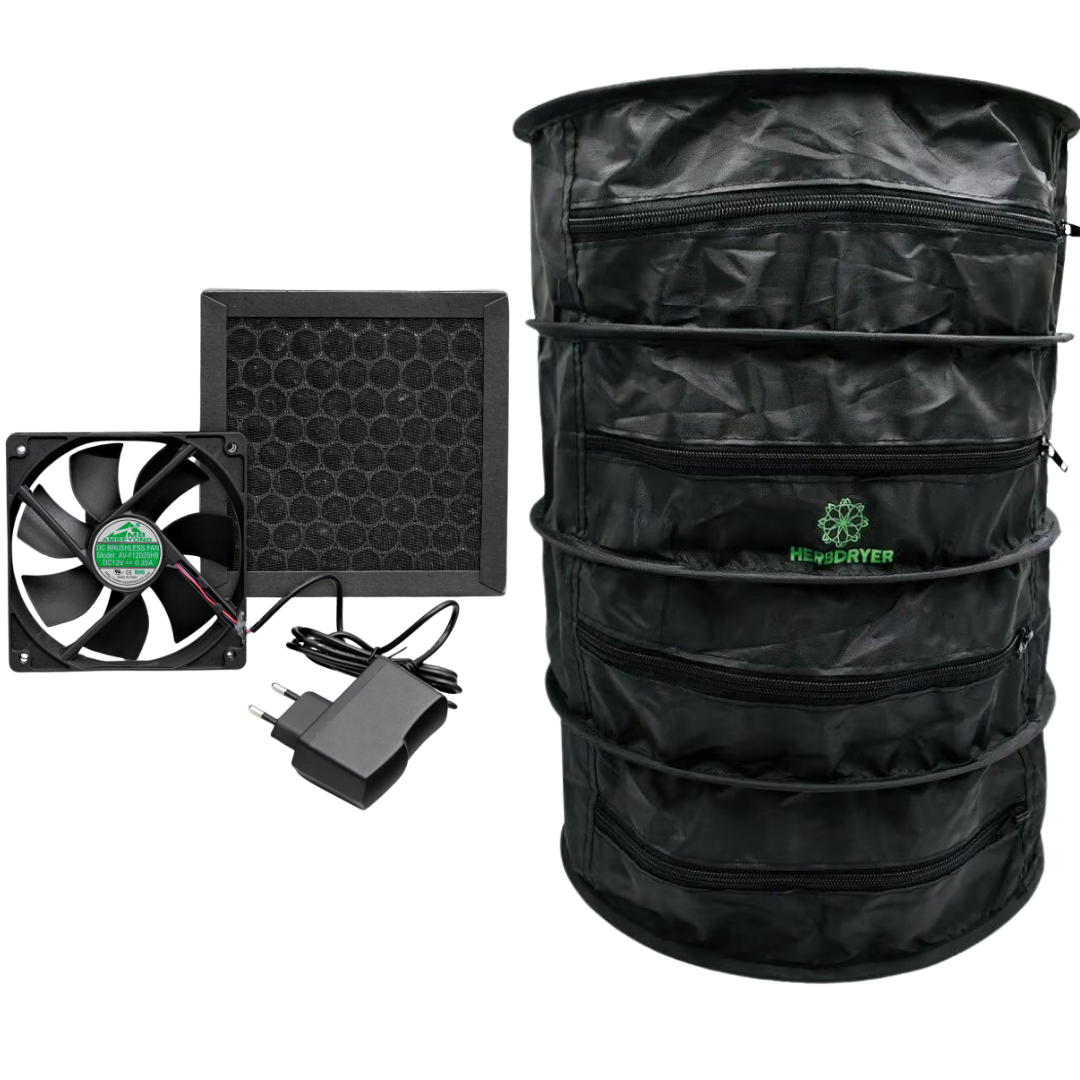 Komplettansicht des HerbDryer Regular mit Lüfter und Filter – 4-stufiges Trocknungsnetz für Kräuter und Blüten
