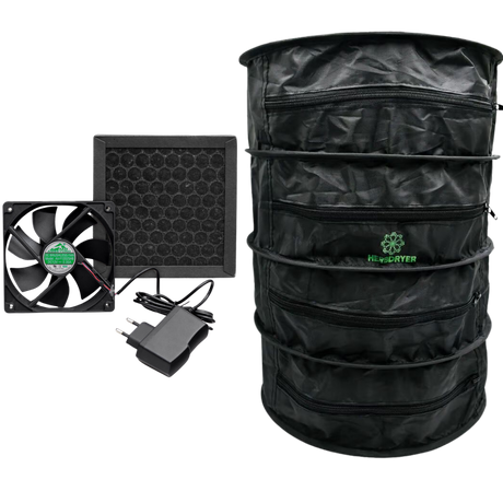 Komplettansicht des HerbDryer Regular mit Lüfter und Filter – 4-stufiges Trocknungsnetz für Kräuter und Blüten