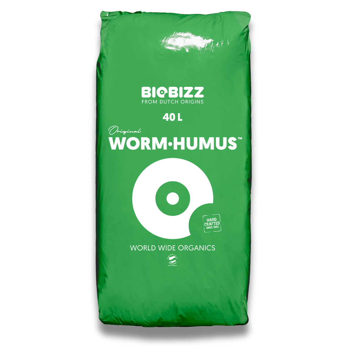 BioBizz Worm Humus 40 L auf beige-grünem Hintergrund mit Hinweis zur natürlichen Verbesserung von Substraten
