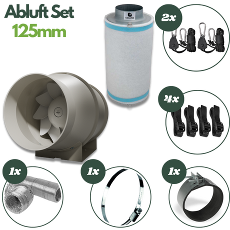 Caluma Abluftset 125 mm mit Aktivkohlefilter, Axiallüfter, Flexrohr und komplettem Befestigungszubehör