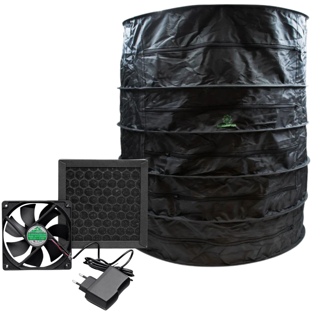 EasyGrow HerbDryer XL mit 5 Ebenen, Aktivkohlefilter, Lüfter und Netzteil – Komplettset zur geruchsneutralen Trocknung von Kräutern.