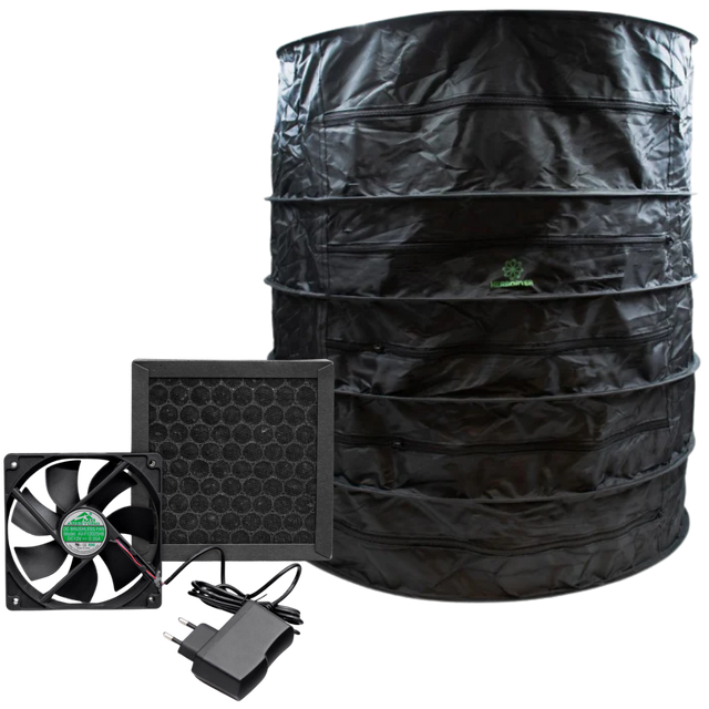 EasyGrow HerbDryer XL mit 5 Ebenen, Aktivkohlefilter, Lüfter und Netzteil – Komplettset zur geruchsneutralen Trocknung von Kräutern.